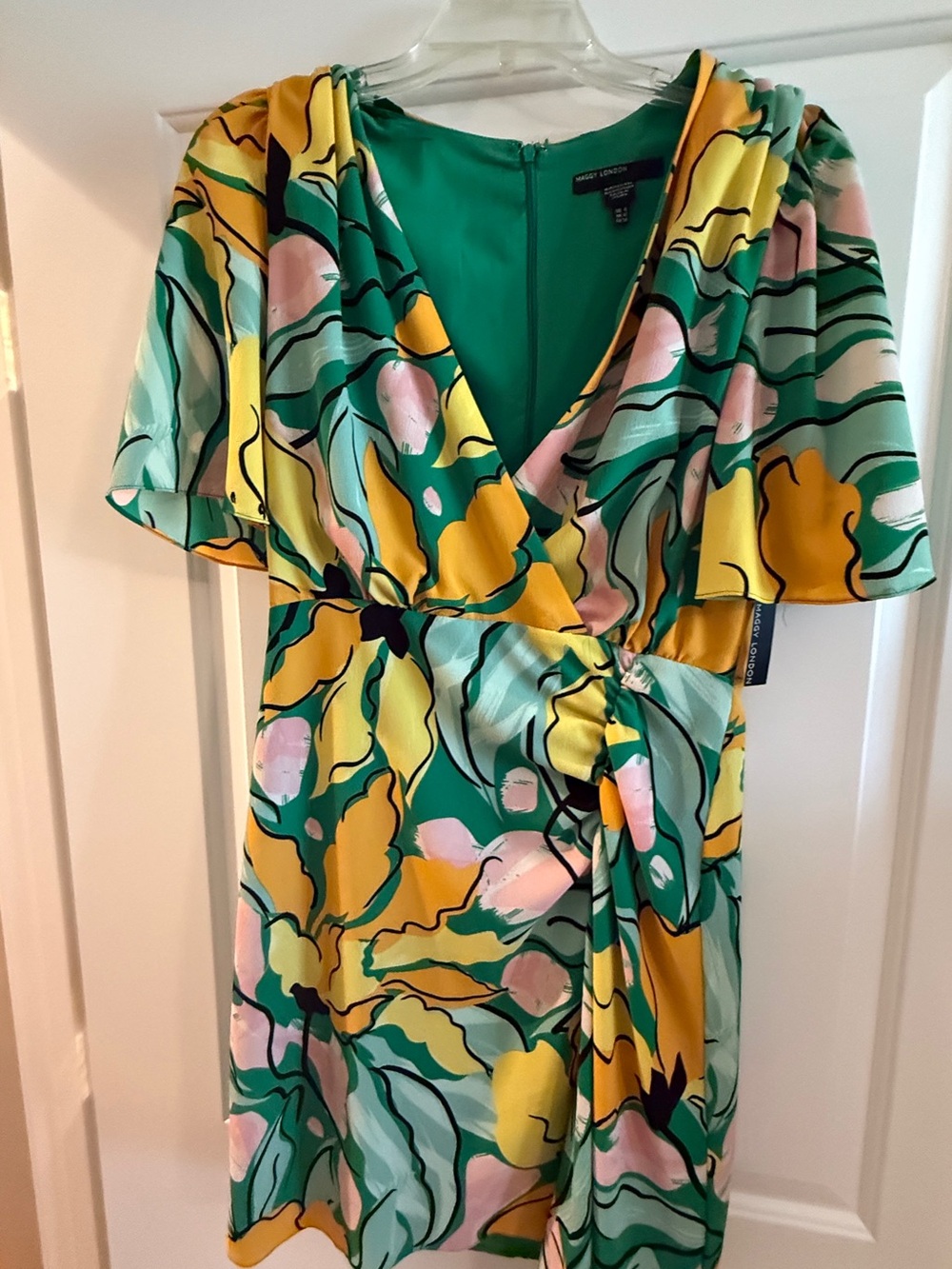 Maggy London Green Yellow Pink Floral Midi Dress